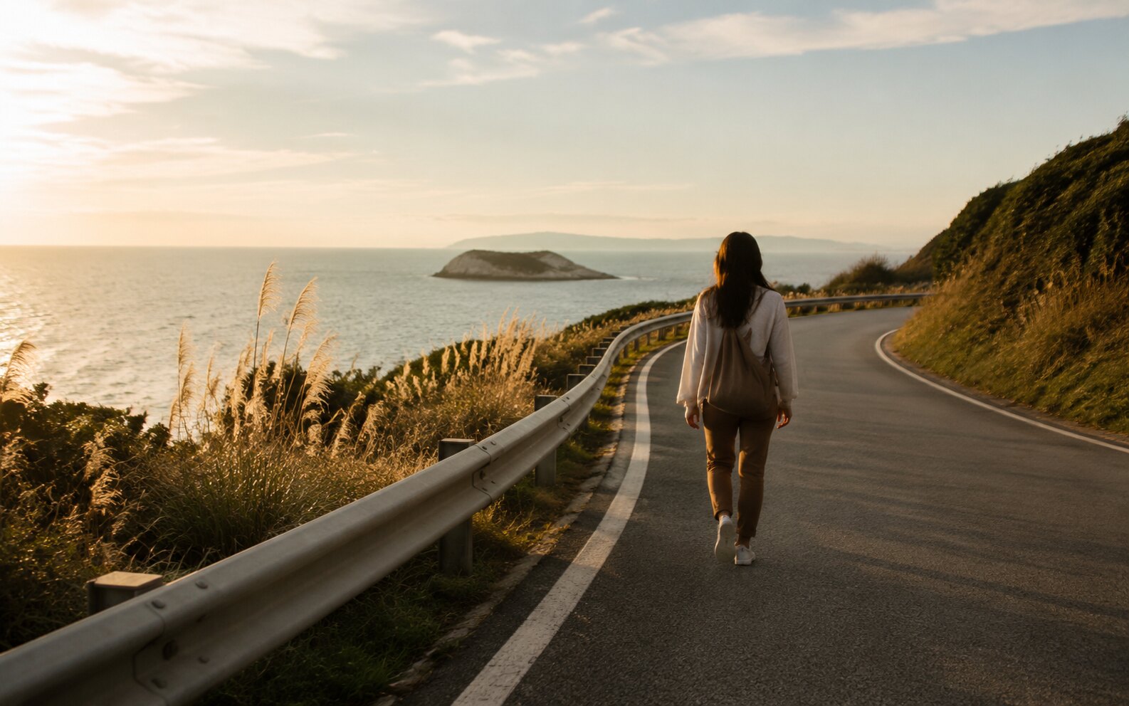 旅行者沿黄昏海岸公路步行的周末旅行画面
